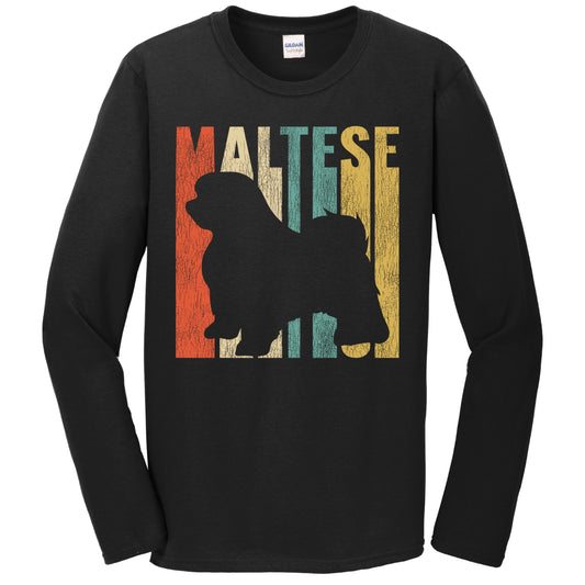 Retro 1970's Style Maltese Dog Silhouette Cracked Distressed Long Sleeve T-Shirt