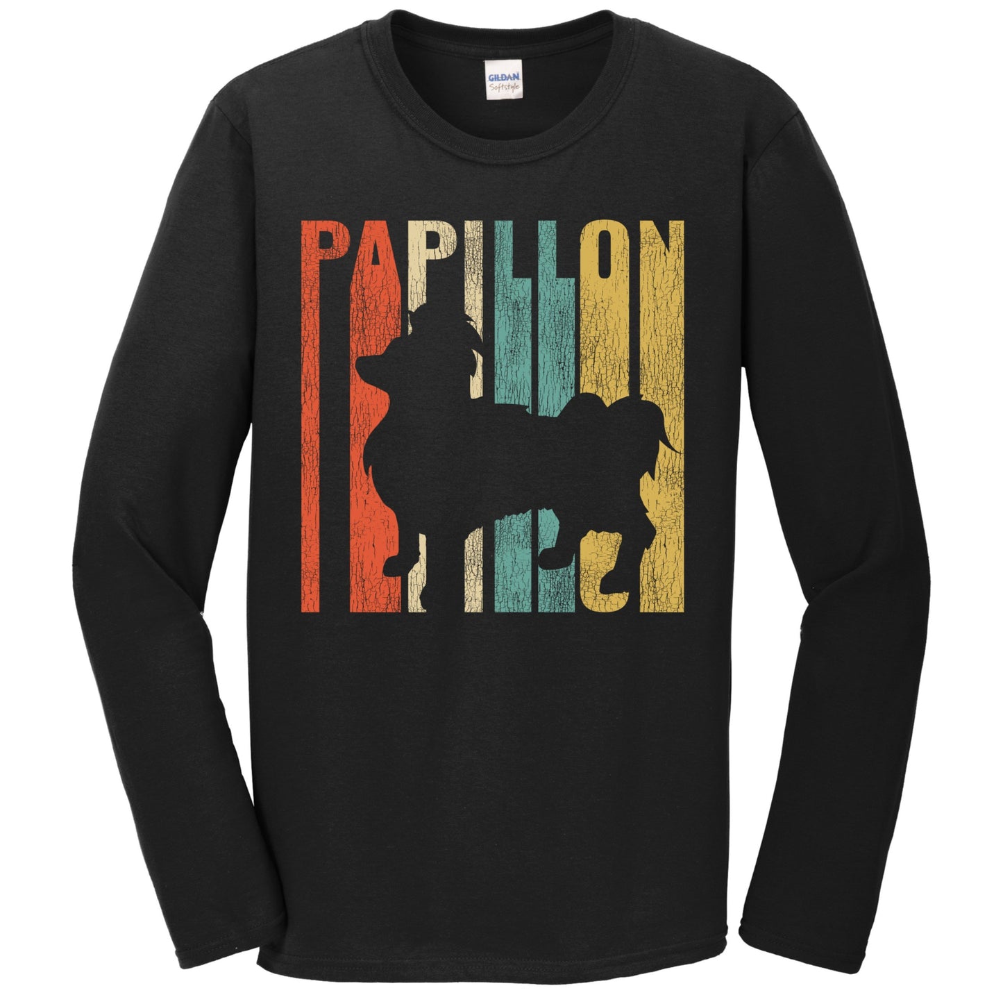 Retro 1970's Style Papillon Dog Silhouette Cracked Distressed Long Sleeve T-Shirt