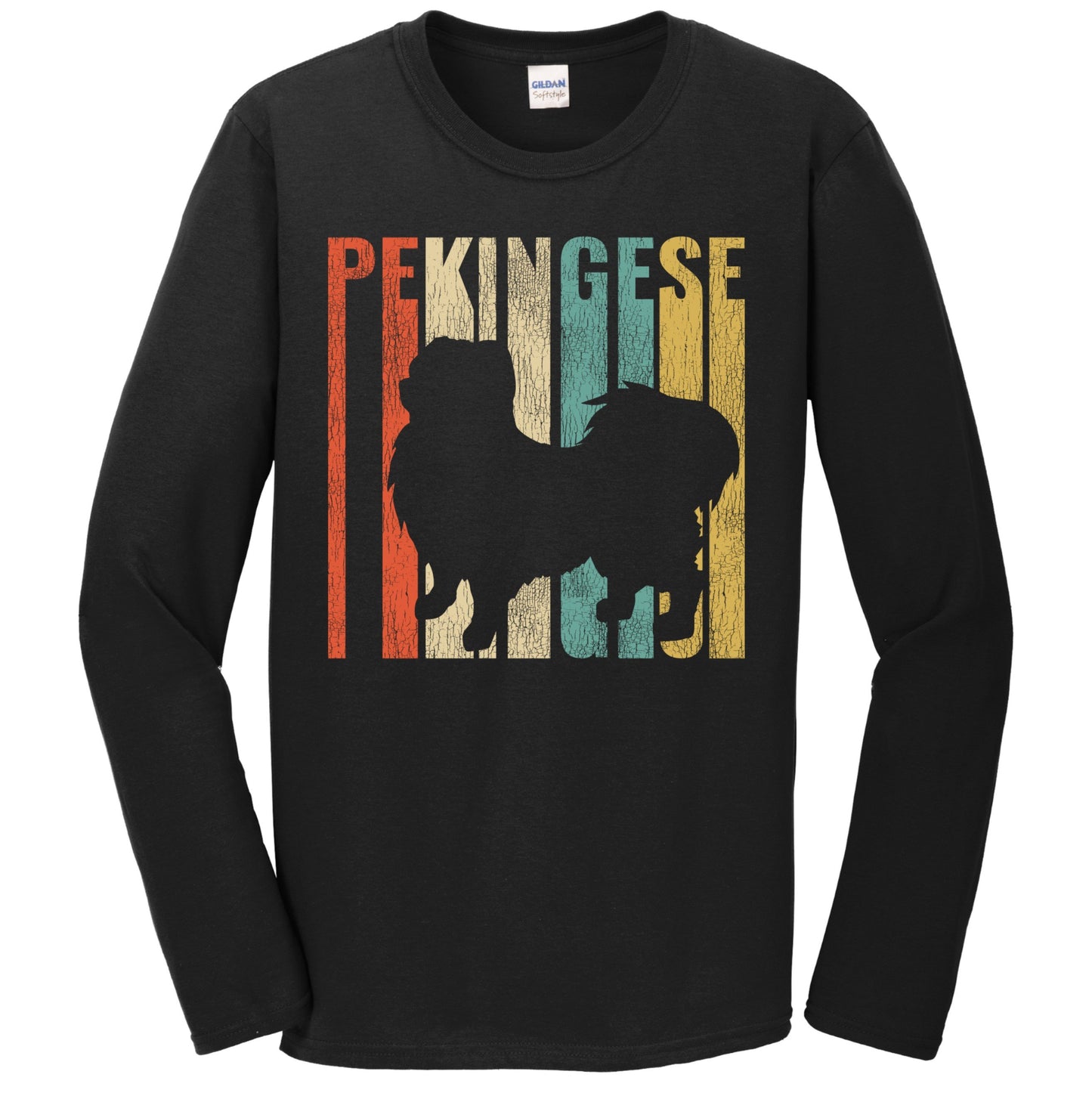 Retro 1970's Style Pekingese Dog Silhouette Cracked Distressed Long Sleeve T-Shirt