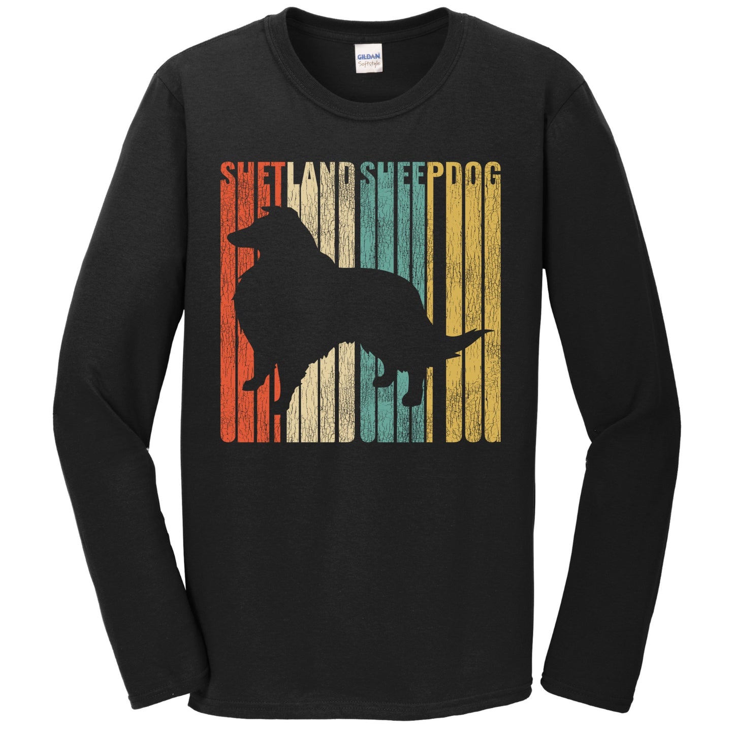 Retro 1970's Style Shetland Sheepdog Dog Silhouette Sheltie Cracked Distressed Long Sleeve T-Shirt