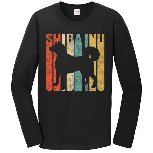 Retro 1970's Style Shiba Inu Dog Silhouette Cracked Distressed Long Sleeve T-Shirt