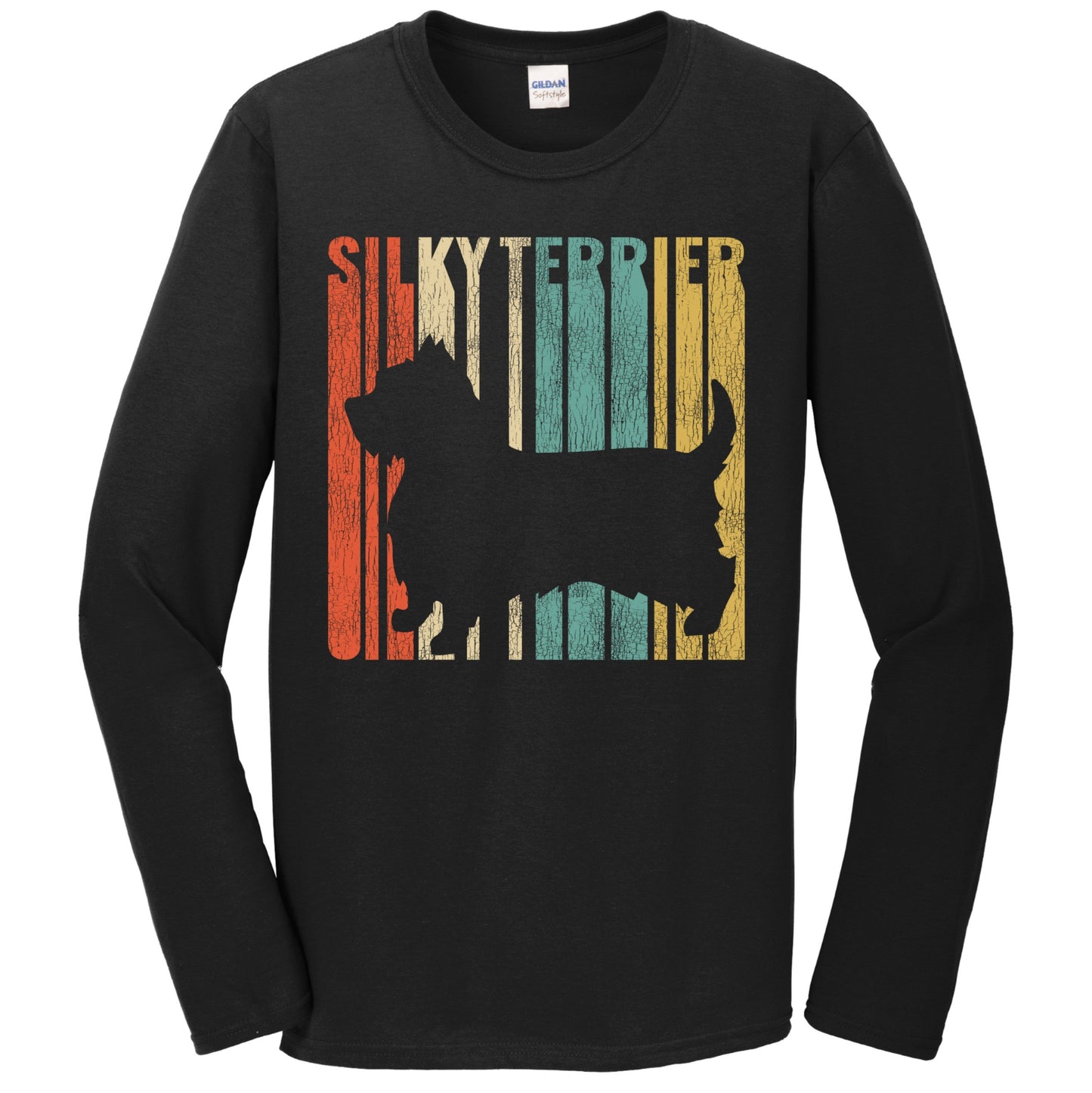 Retro 1970's Style Silky Terrier Dog Silhouette Cracked Distressed Long Sleeve T-Shirt