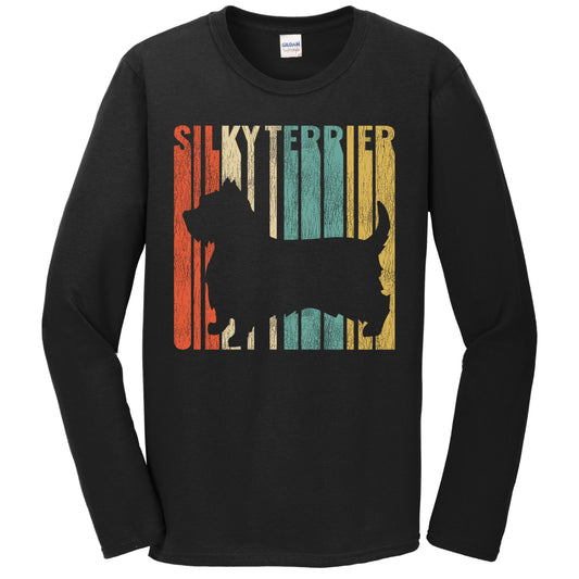 Retro 1970's Style Silky Terrier Dog Silhouette Cracked Distressed Long Sleeve T-Shirt