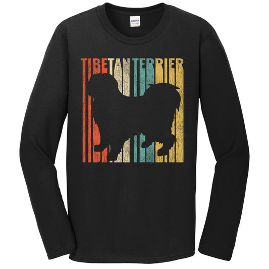Retro 1970's Style Tibetan Terrier Dog Silhouette Cracked Distressed Long Sleeve T-Shirt