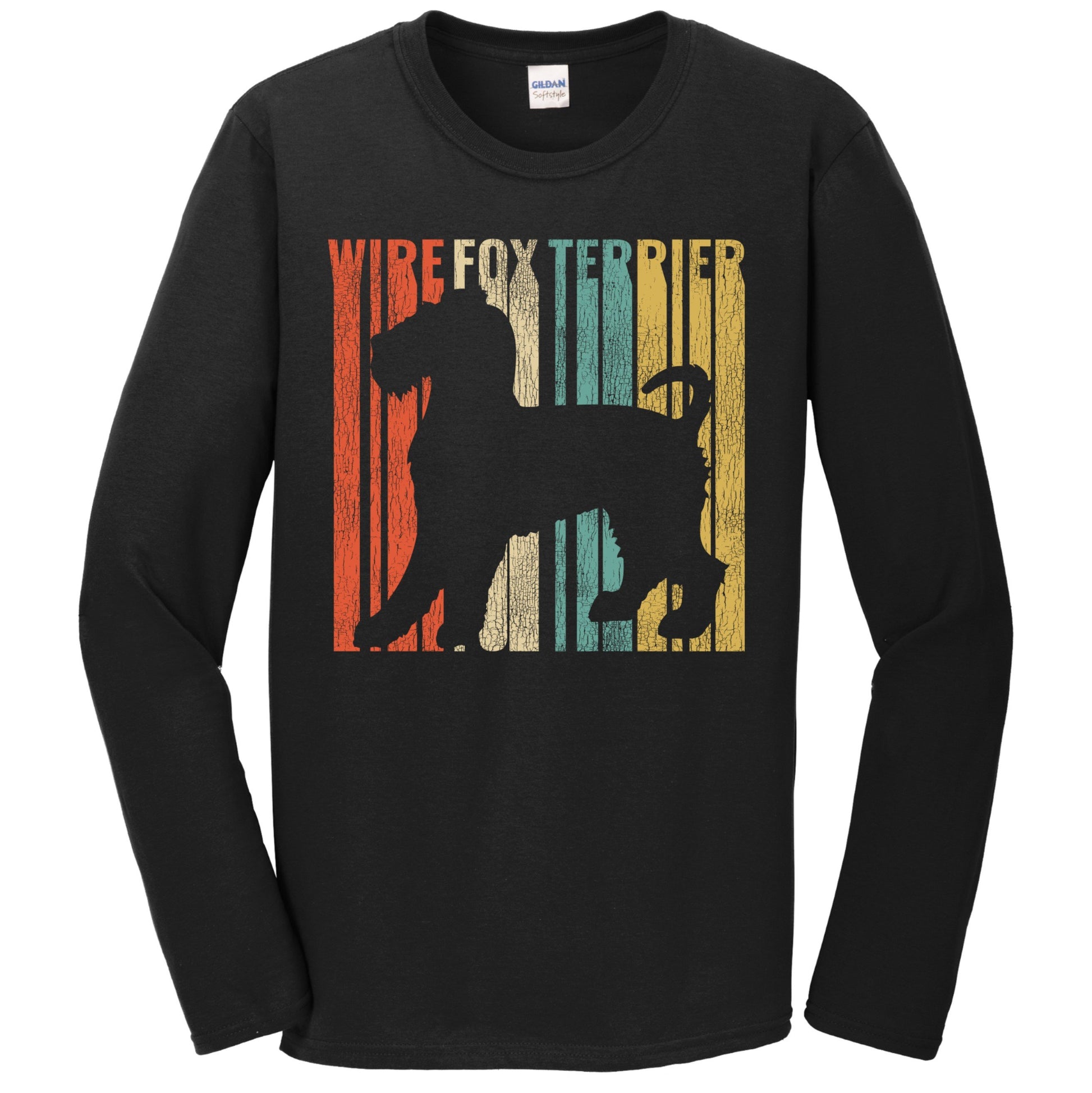 Retro 1970's Style Wire Fox Terrier Dog Silhouette Cracked Distressed Long Sleeve T-Shirt