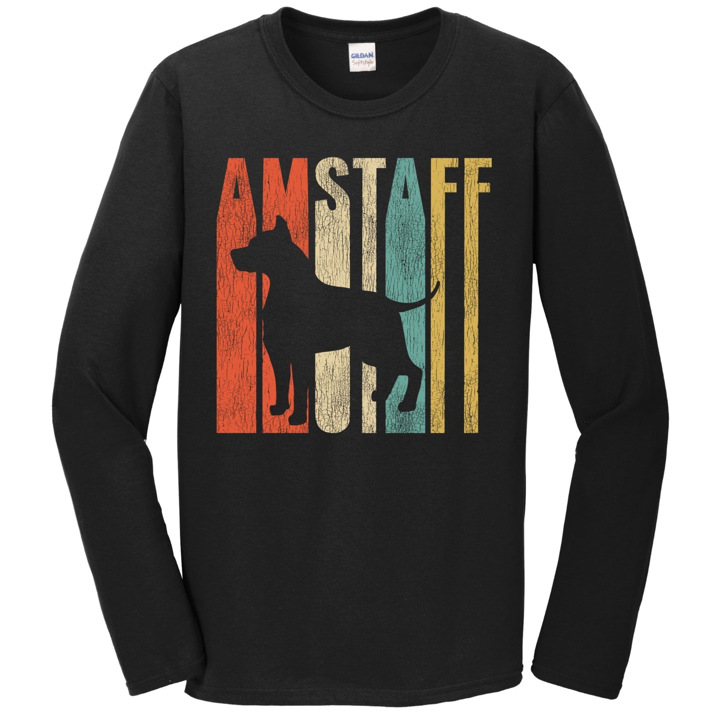 Retro 1970's Style AmStaff Dog Silhouette American Staffordshire Terrier Cracked Distressed Long Sleeve T-Shirt