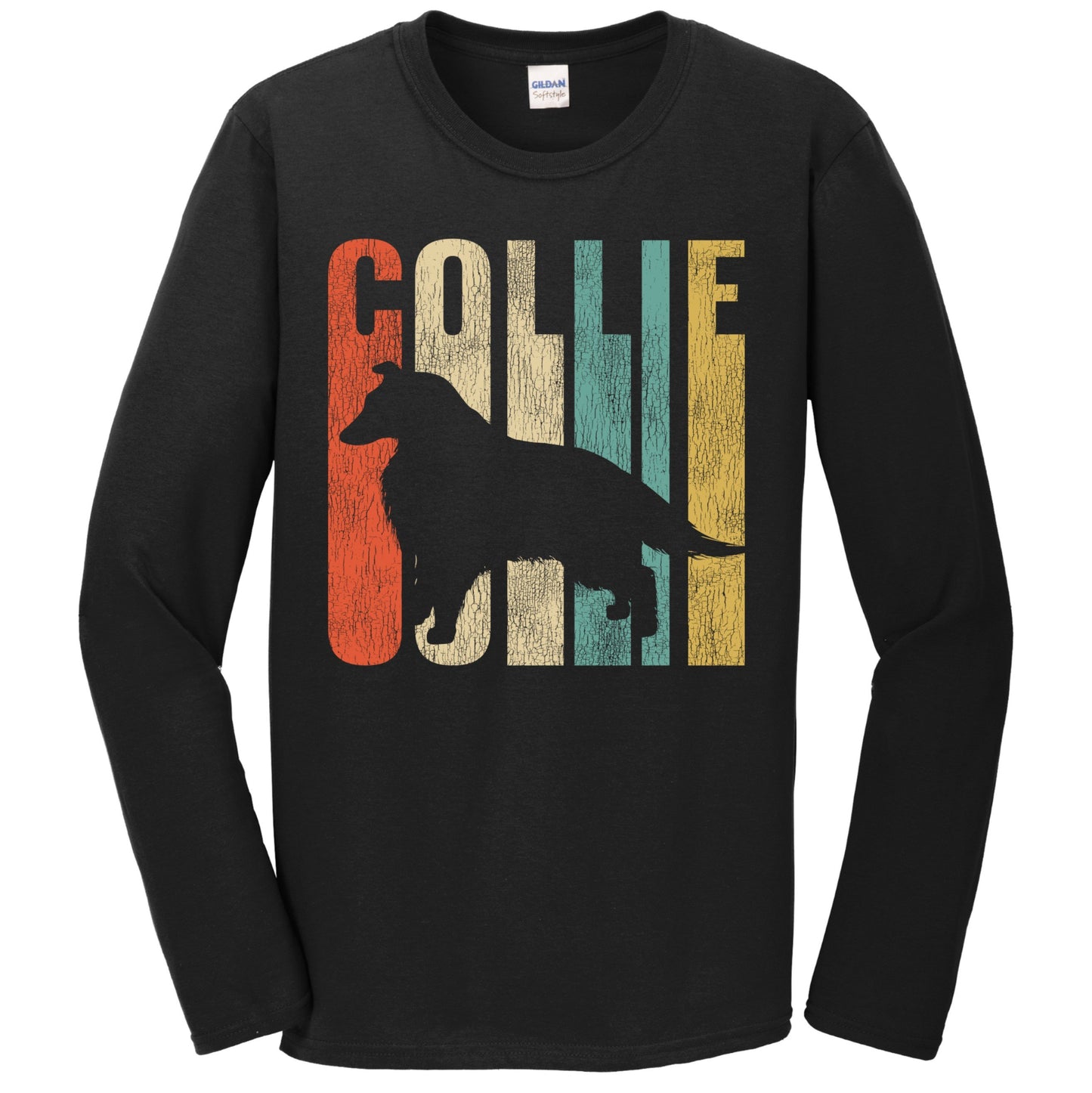 Retro 1970's Style Collie Dog Silhouette Cracked Distressed Long Sleeve T-Shirt