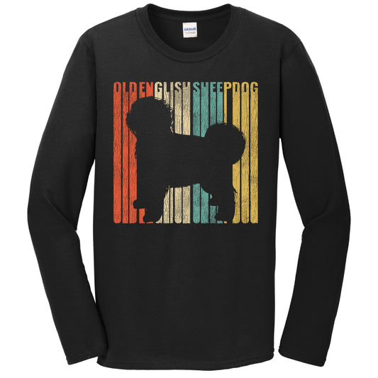 Retro 1970's Style Old English Sheepdog Dog Silhouette Cracked Distressed Long Sleeve T-Shirt