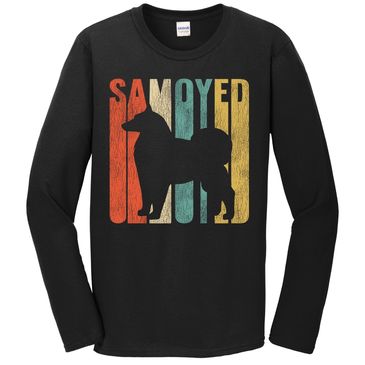 Retro 1970's Style Samoyed Dog Silhouette Cracked Distressed Long Sleeve T-Shirt