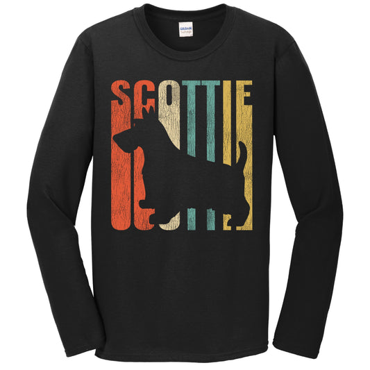 Retro 1970's Style Scottish Terrier Dog Silhouette Scottie Cracked Distressed Long Sleeve T-Shirt