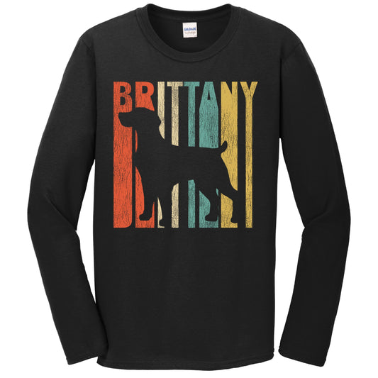 Retro 1970's Style Brittany Spaniel Dog Silhouette Cracked Distressed Long Sleeve T-Shirt