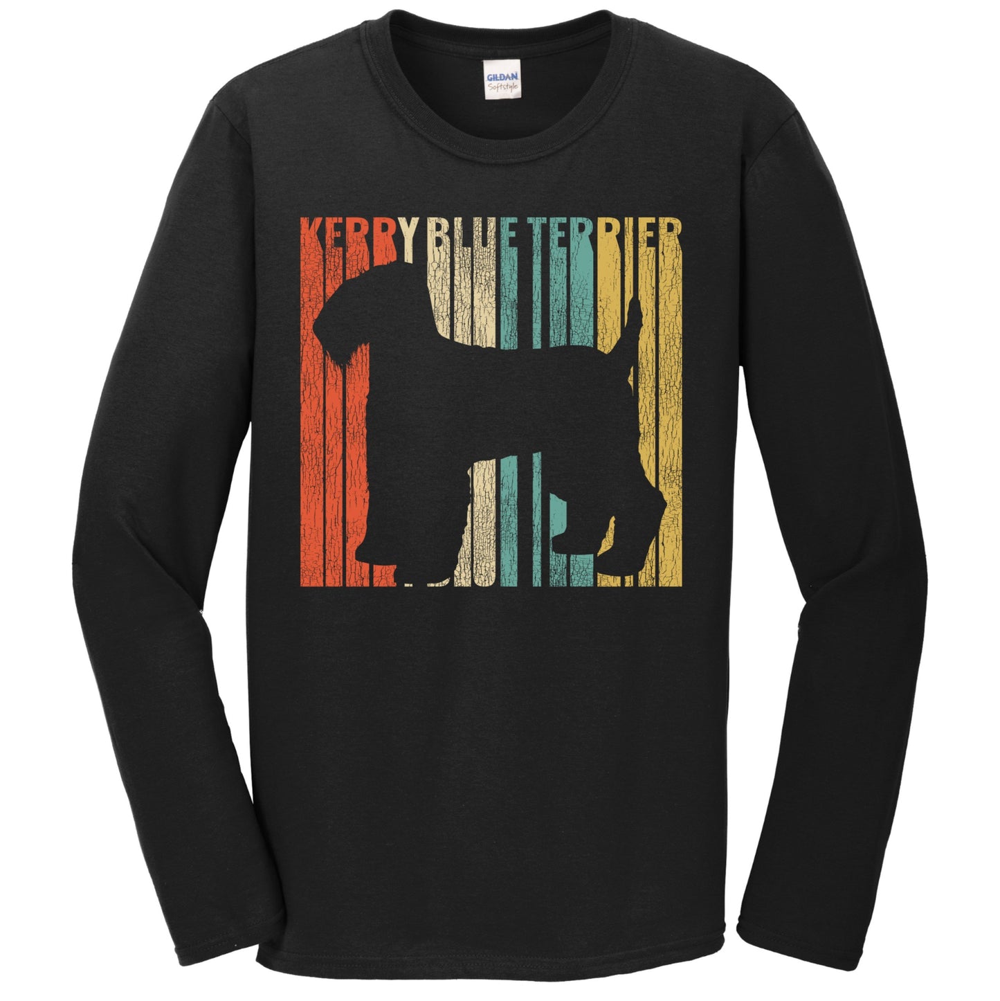 Retro 1970's Style Kerry Blue Terrier Dog Silhouette Cracked Distressed Long Sleeve T-Shirt