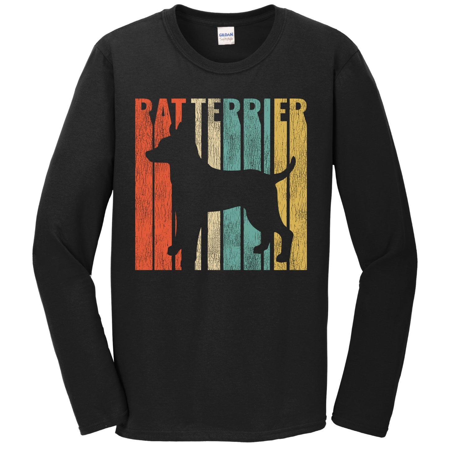 Retro 1970's Style Rat Terrier Dog Silhouette Cracked Distressed Long Sleeve T-Shirt