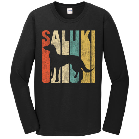 Retro 1970's Style Saluki Dog Silhouette Cracked Distressed Long Sleeve T-Shirt