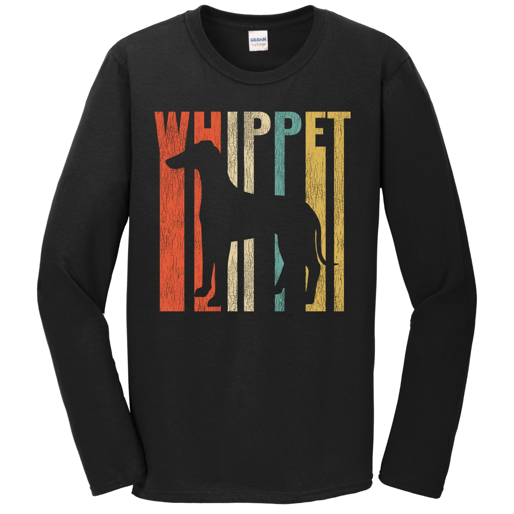 Retro 1970's Style Whippet Dog Silhouette Cracked Distressed Long Sleeve T-Shirt