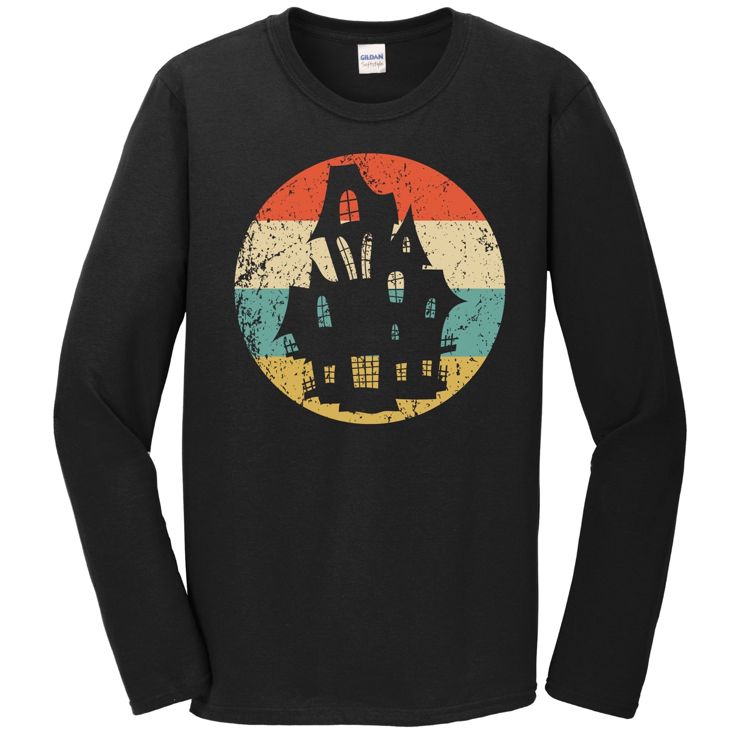 Retro Spooky Scary Haunted House Silhouette Creepy Halloween Long Sleeve T-Shirt