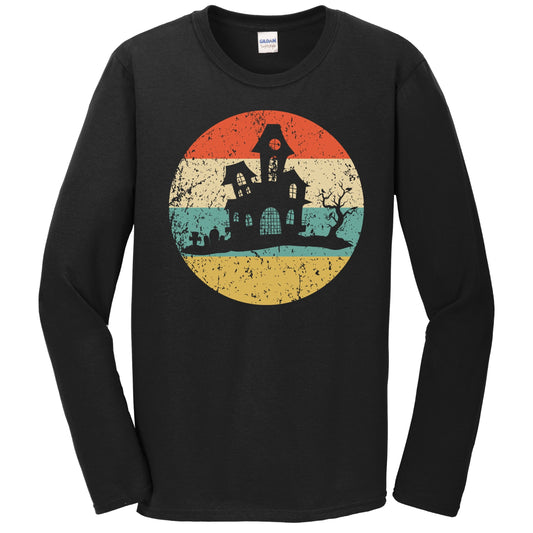 Halloween Spooky Scary Haunted House Silhouette Creepy Retro Long Sleeve T-Shirt