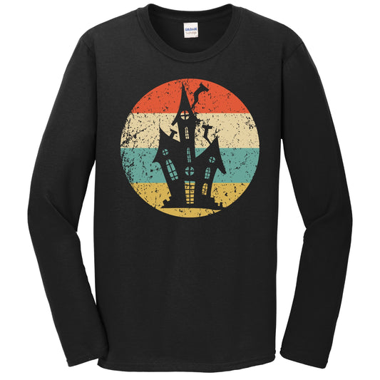 Retro Creepy Scary Haunted House Silhouette Spooky Halloween Long Sleeve T-Shirt