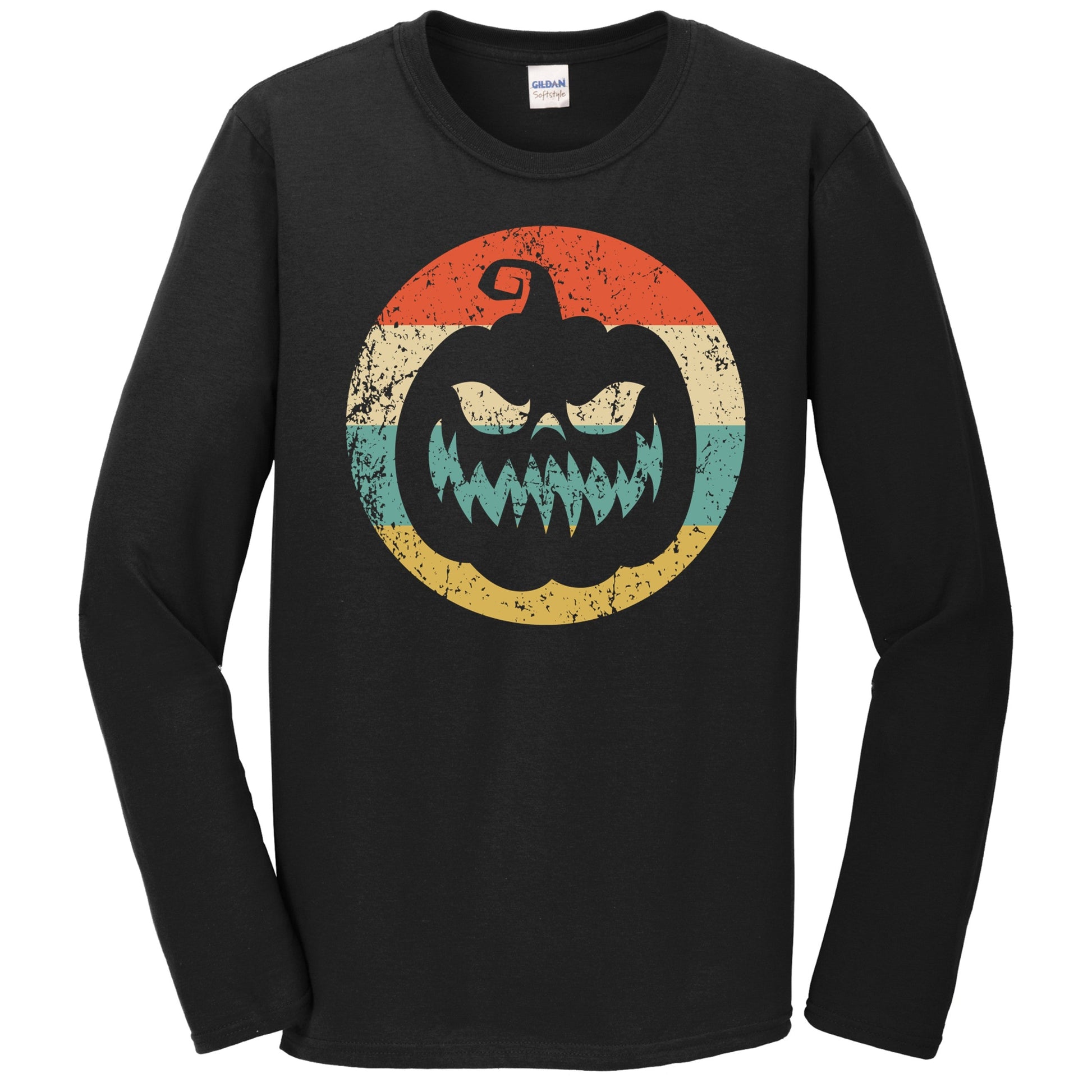 Retro Halloween Scary Jackolantern Pumpkin Silhouette Spooky Long Sleeve T-Shirt