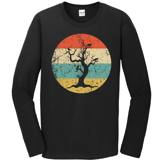 Halloween Spooky Scary Haunted Tree Silhouette Creepy Retro Long Sleeve T-Shirt