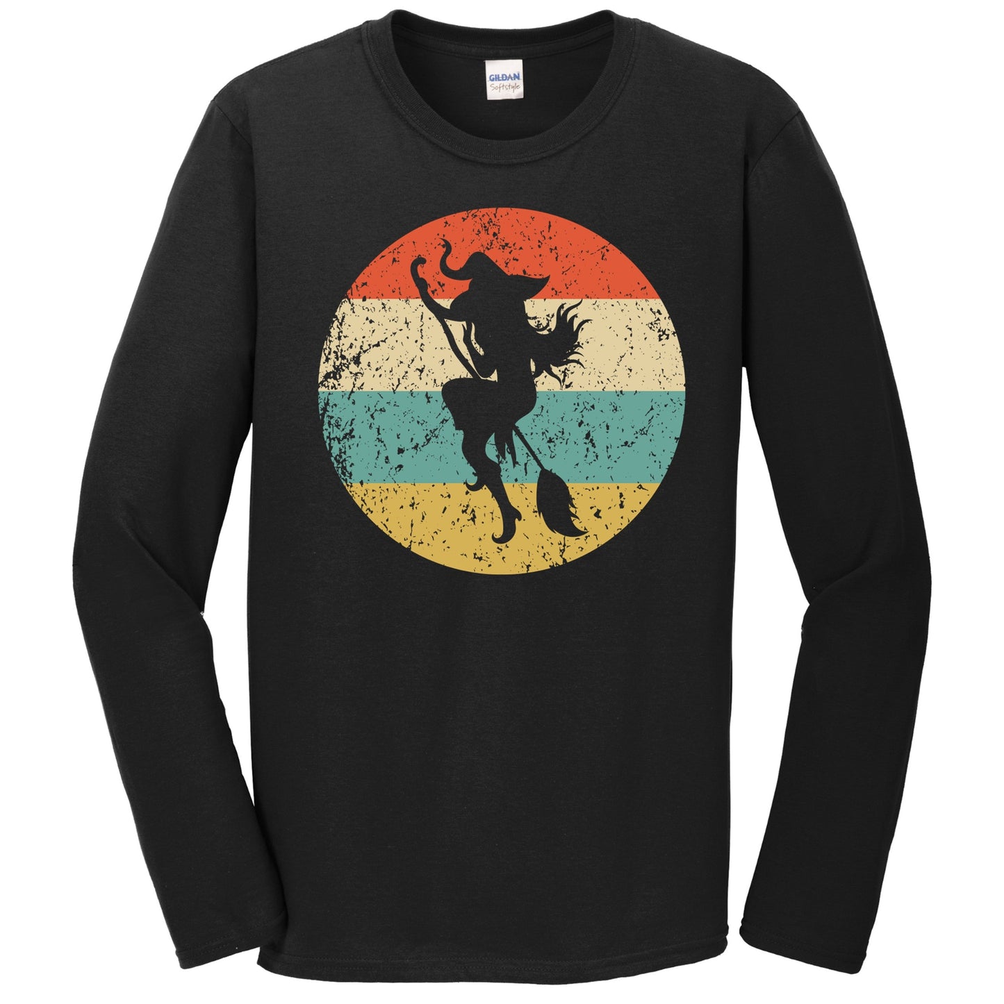 Halloween Spooky Scary Flying Witch on Broom Stick Retro Long Sleeve T-Shirt