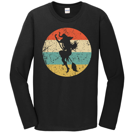 Halloween Spooky Scary Flying Witch on Broom Stick Retro Long Sleeve T-Shirt