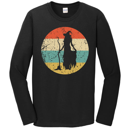 Retro Spooky Scary Witch with Broom Silhouette Halloween Long Sleeve T-Shirt