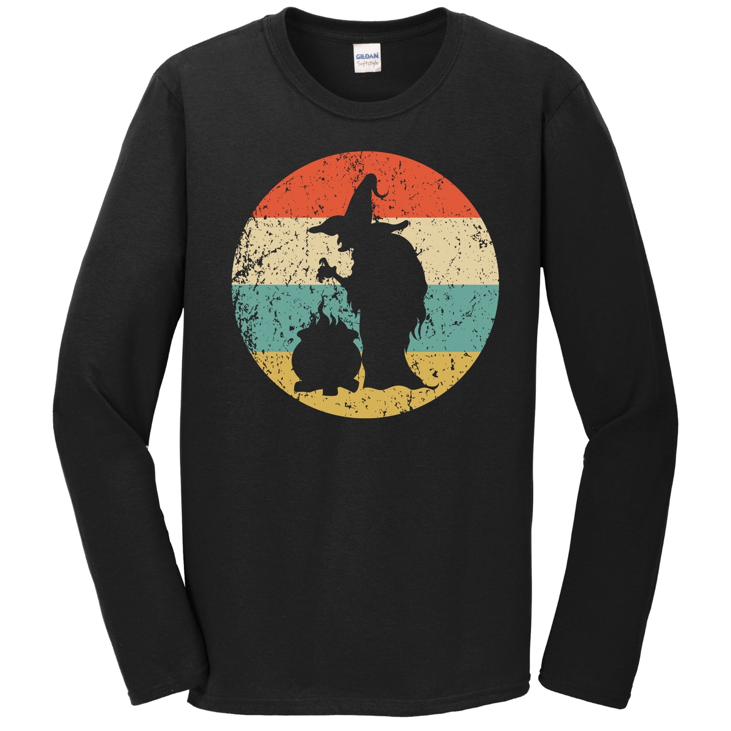 Retro Spooky Scary Witch with Cauldron Silhouette Halloween Long Sleeve T-Shirt