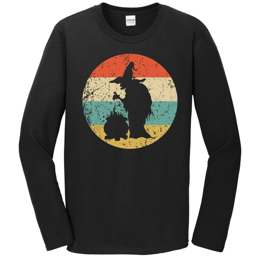 Retro Spooky Scary Witch with Cauldron Silhouette Halloween Long Sleeve T-Shirt