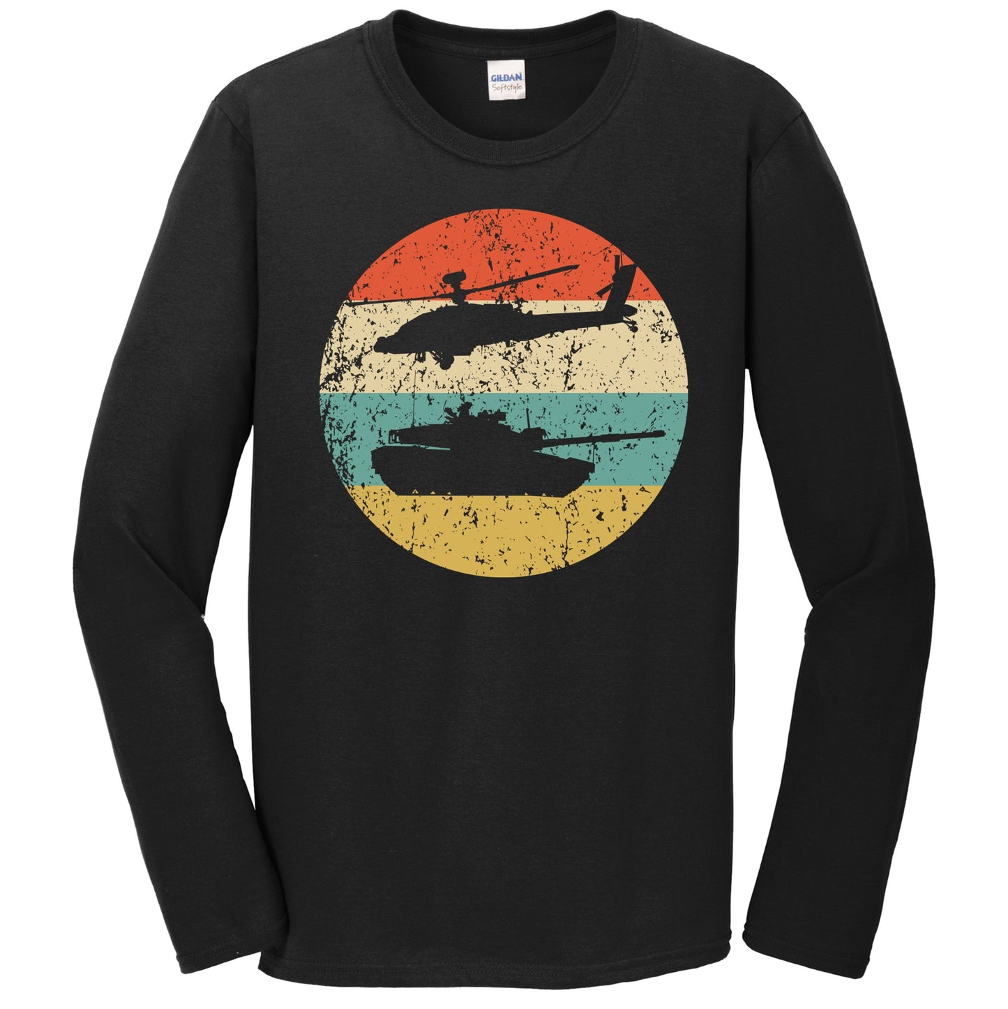 Chinook Helicopter and Tank Silhouette Retro Military Long Sleeve T-Shirt