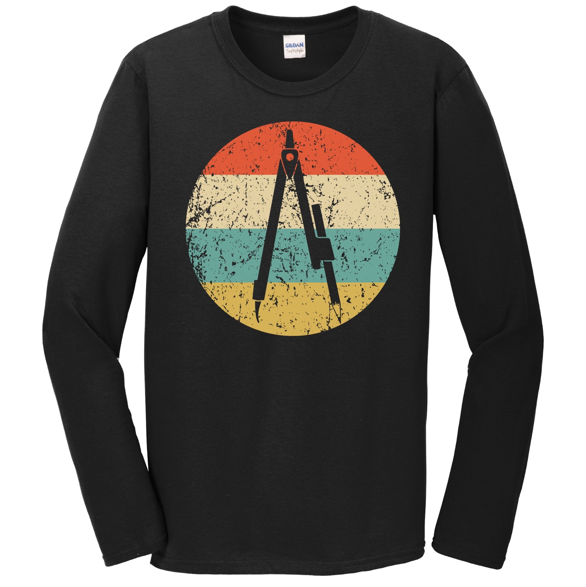 Pencil Compass Silhouette Retro Architect Engineer Long Sleeve T-Shirt