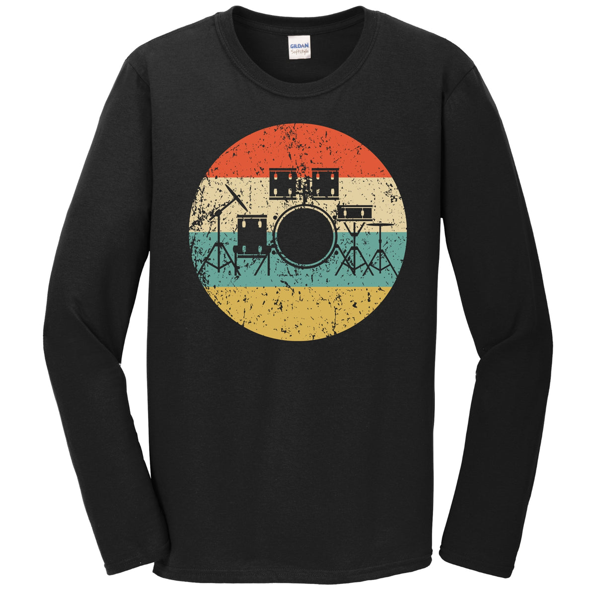 Drum Set Silhouette Retro Music Musician Musical Instrument Long Sleeve T-Shirt