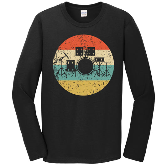 Drum Set Silhouette Retro Music Musician Musical Instrument Long Sleeve T-Shirt