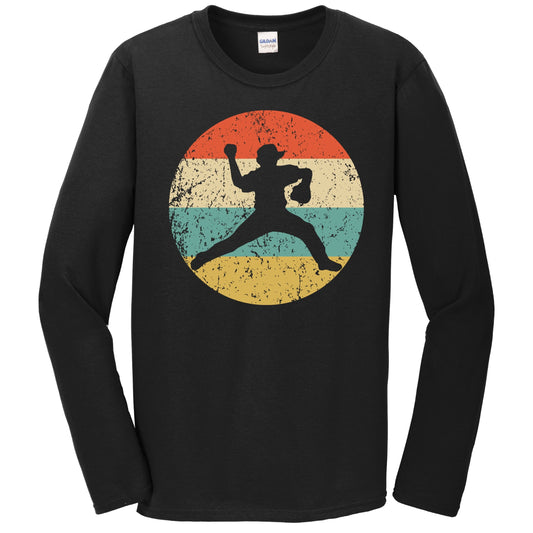 Baseball Player Pitcher Silhouette Retro Sports Long Sleeve T-Shirt