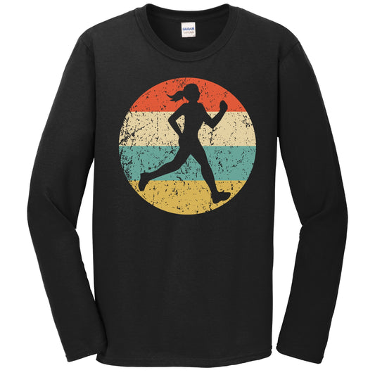 Female Runner Cross Country Marathon Silhouette Retro Sports Long Sleeve T-Shirt