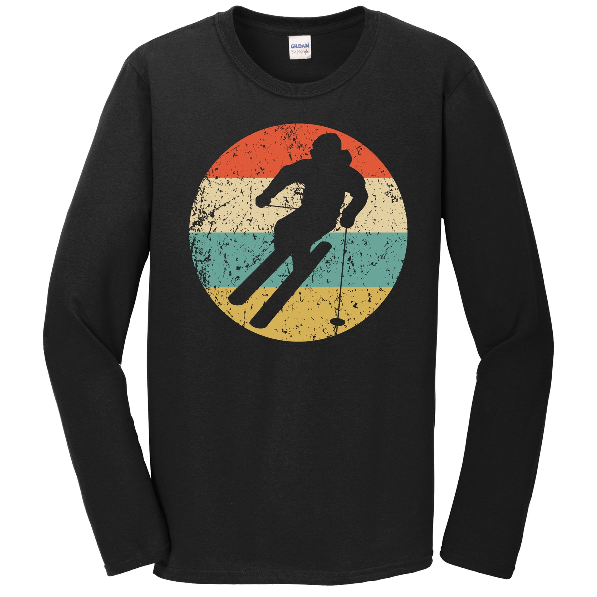 Downhill Skier Skiing Silhouette Retro Winter Sports Long Sleeve T-Shirt