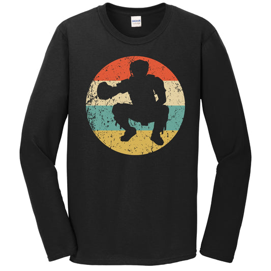 Baseball Catcher Silhouette Retro Baseball Player Long Sleeve T-Shirt