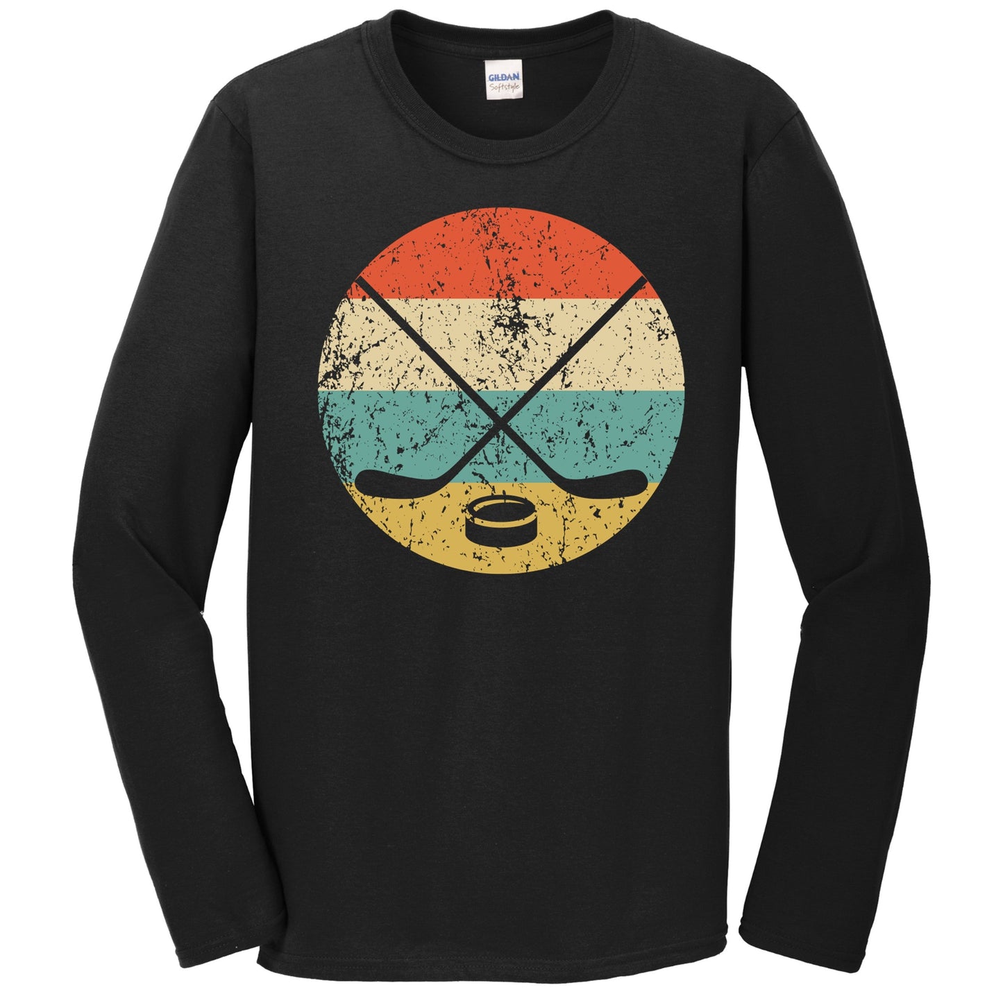 Crossed Hockey Sticks and Puck Icon Retro Hockey Long Sleeve T-Shirt