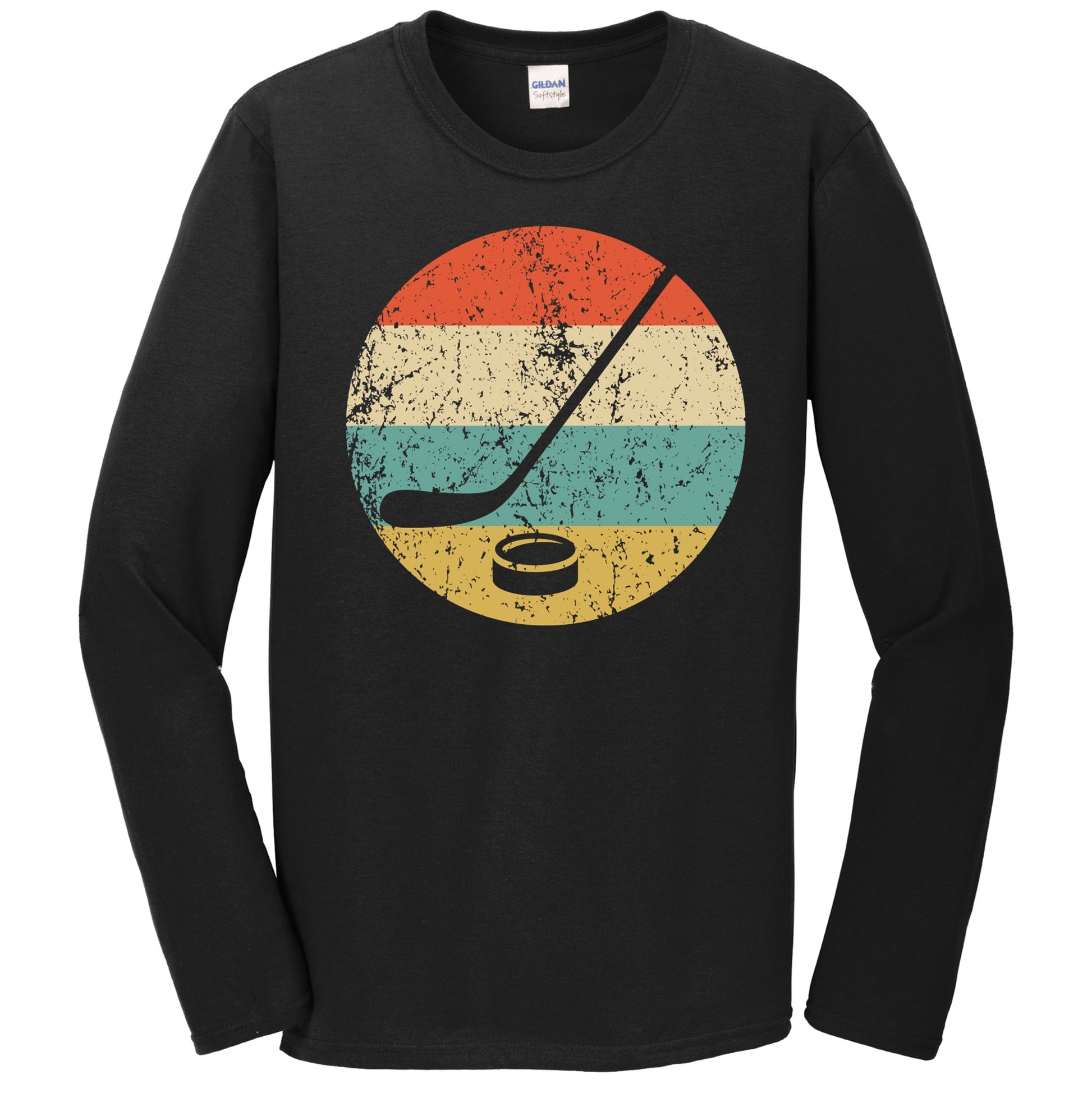 Hockey Stick and Puck Icon Retro Hockey Long Sleeve T-Shirt
