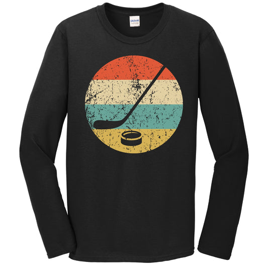 Hockey Stick and Puck Icon Retro Hockey Long Sleeve T-Shirt
