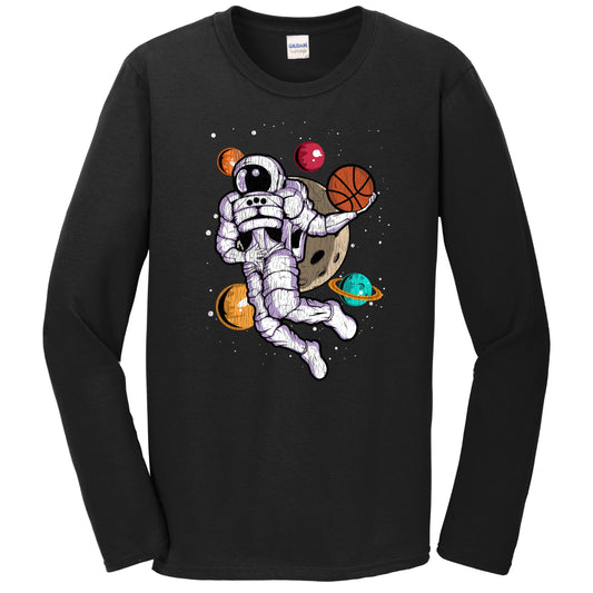 Basketball Dunk Astronaut Outer Space Spaceman Distressed Long Sleeve T-Shirt