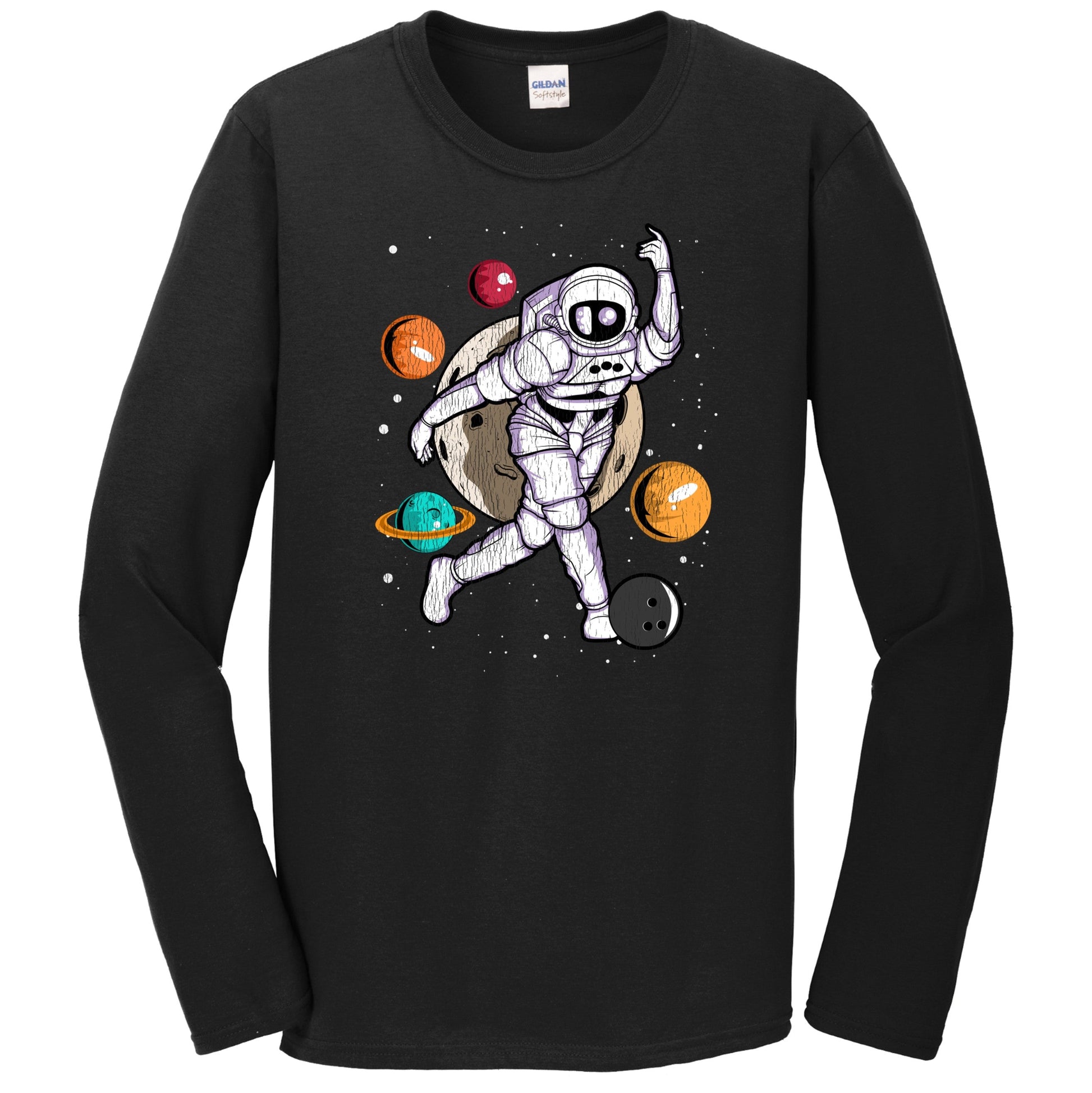 Bowling Astronaut Outer Space Spaceman Distressed Long Sleeve T-Shirt