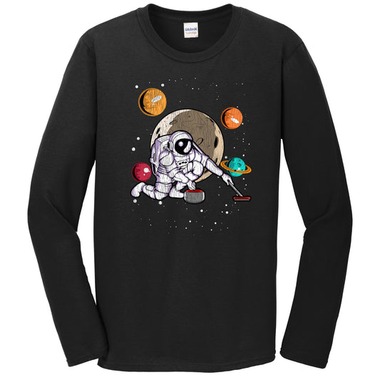 Curling Astronaut Outer Space Spaceman Distressed Long Sleeve T-Shirt