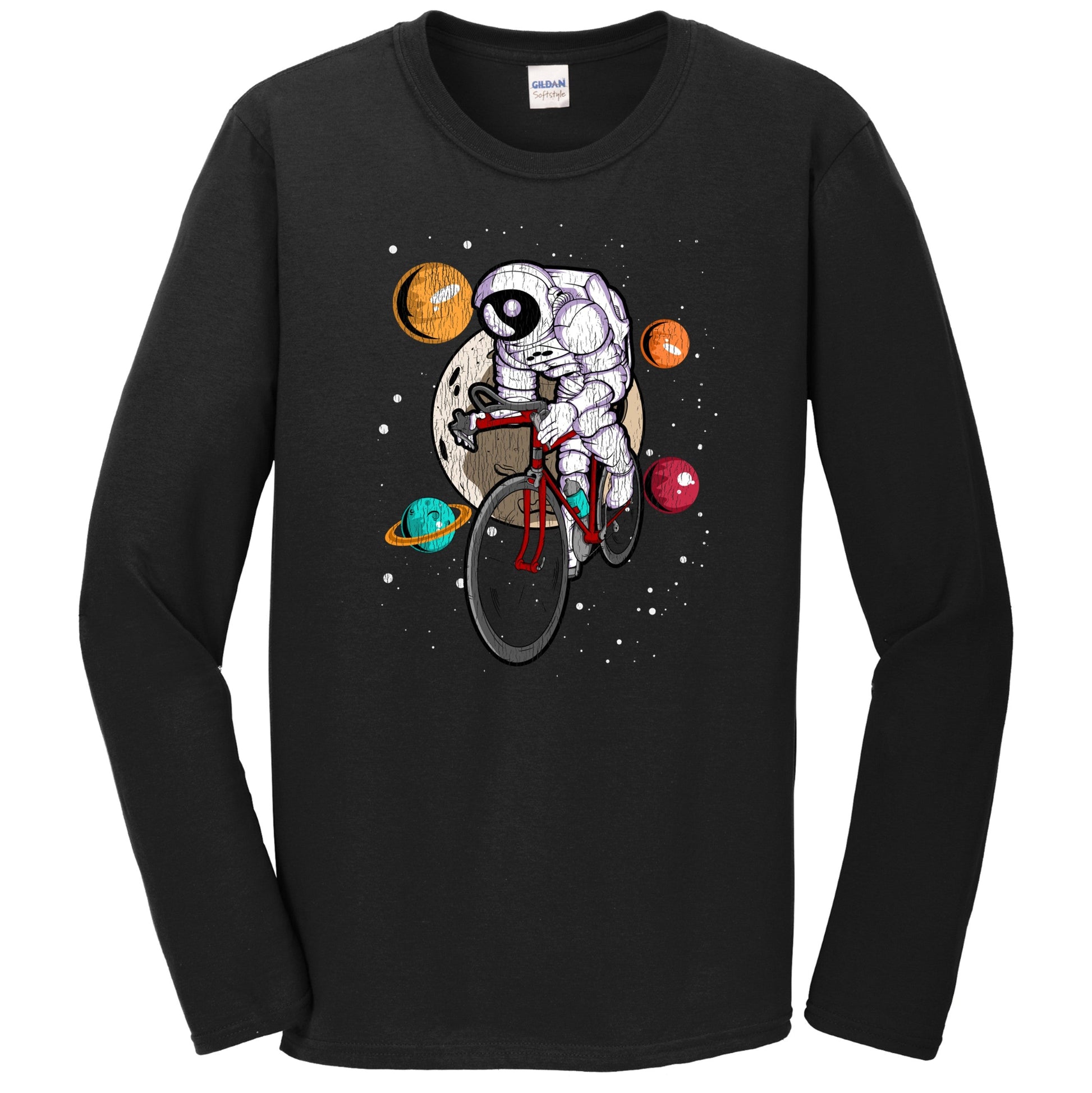 Cycling Astronaut Outer Space Spaceman Bike Distressed Long Sleeve T-Shirt