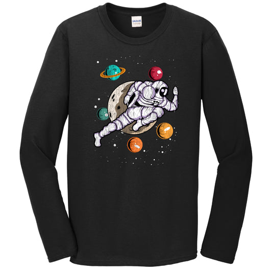 Running Astronaut Outer Space Spaceman Distressed Long Sleeve T-Shirt