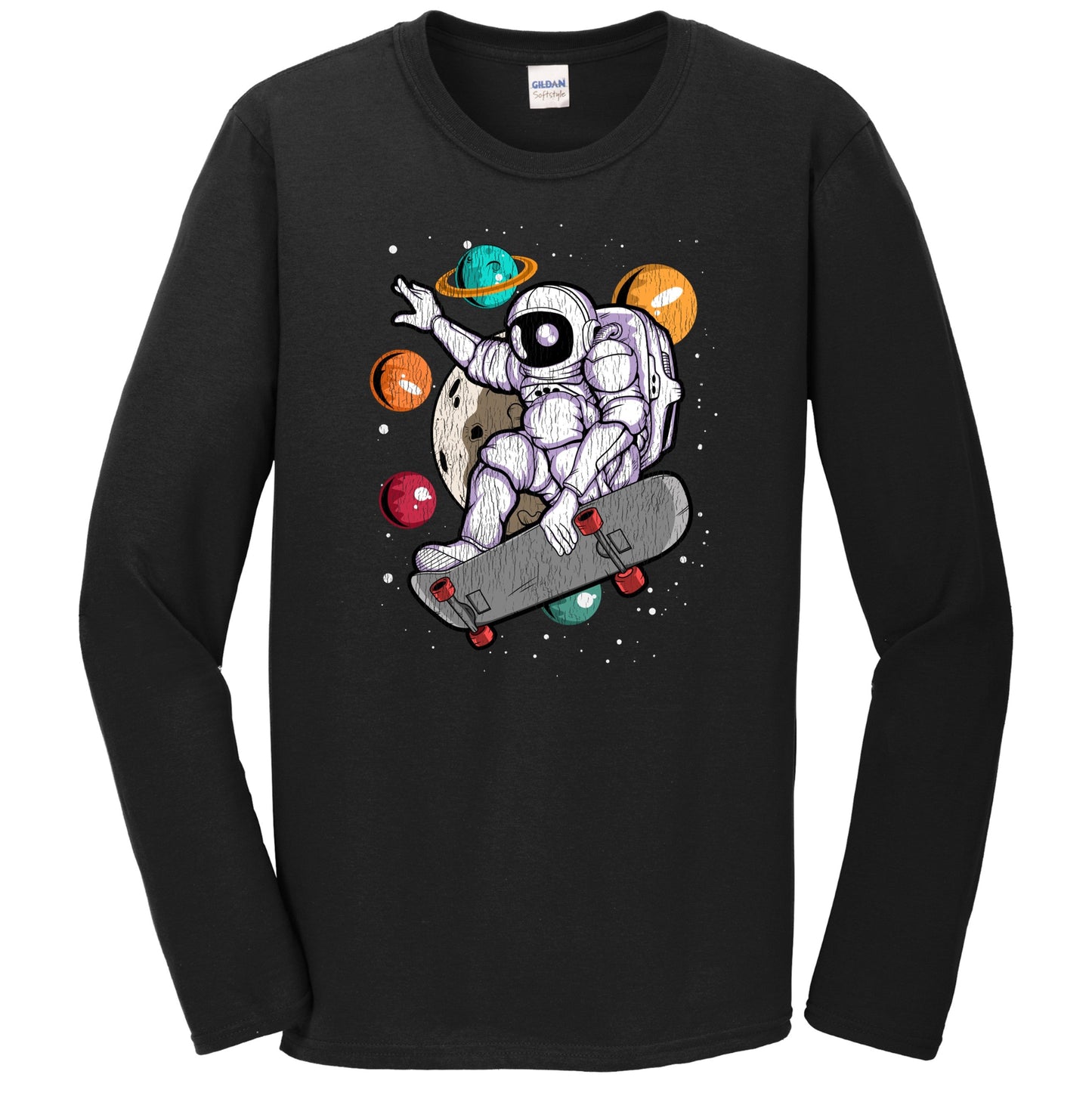 Skateboarding Astronaut Outer Space Spaceman Skater Distressed Long Sleeve T-Shirt