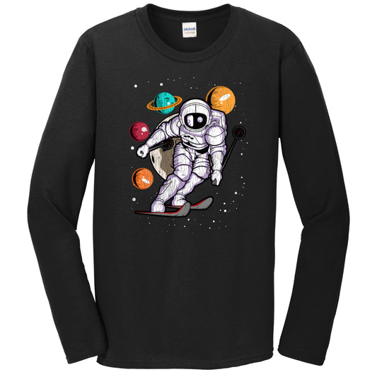 Skiing Astronaut Outer Space Spaceman Distressed Long Sleeve T-Shirt