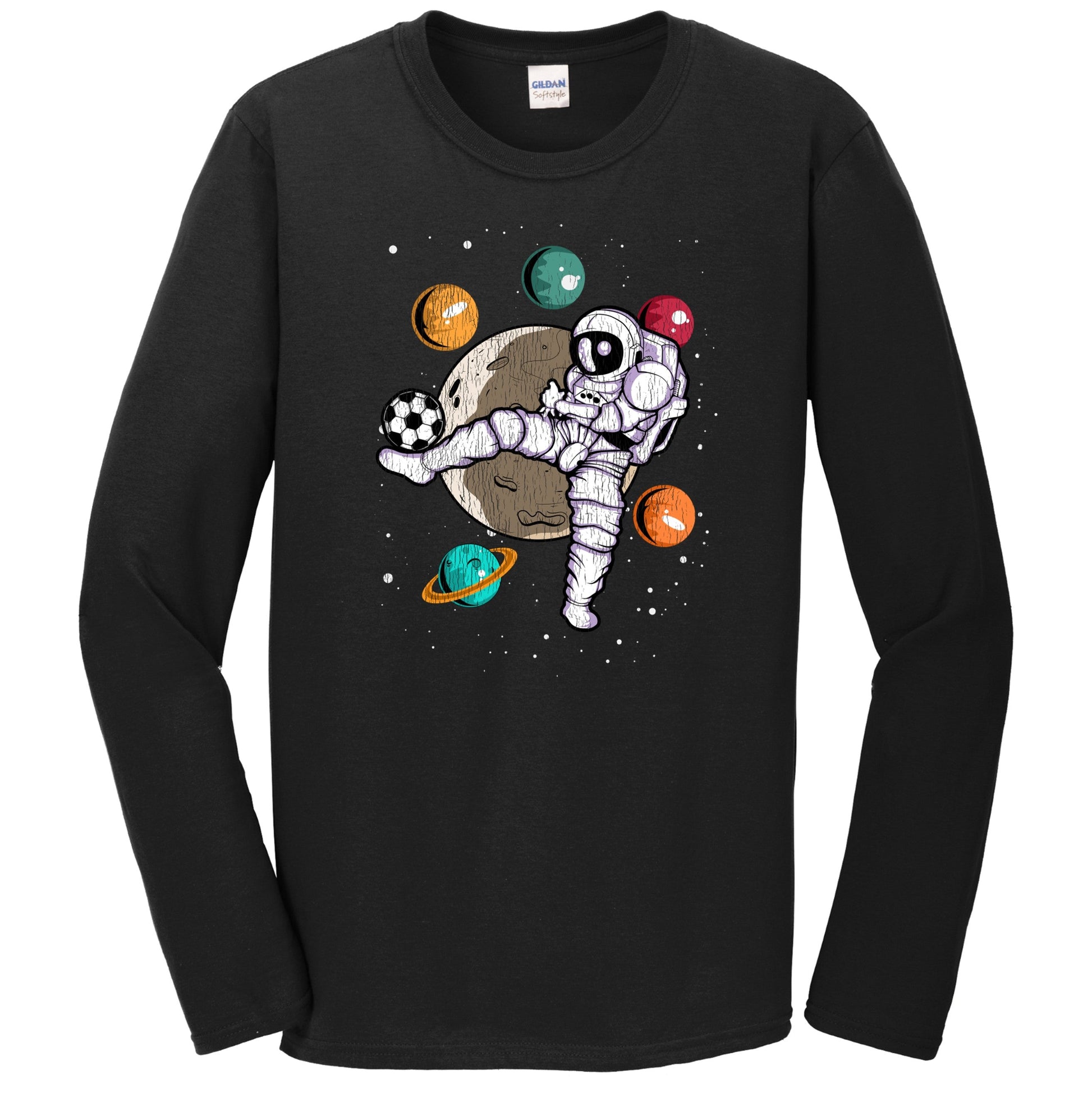 Soccer Astronaut Outer Space Spaceman Distressed Long Sleeve T-Shirt