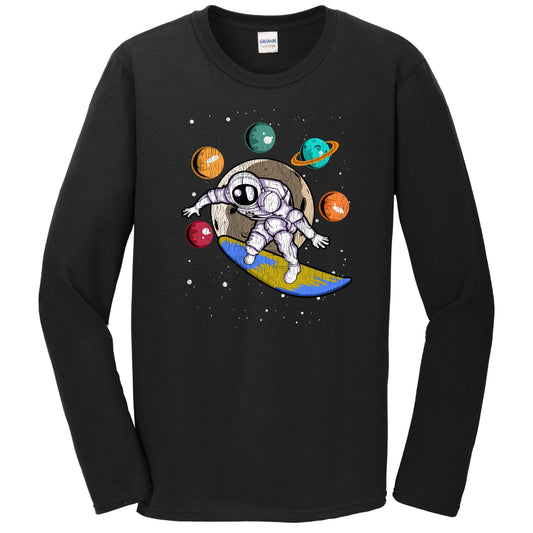 Surfing Astronaut Outer Space Spaceman Distressed Long Sleeve T-Shirt