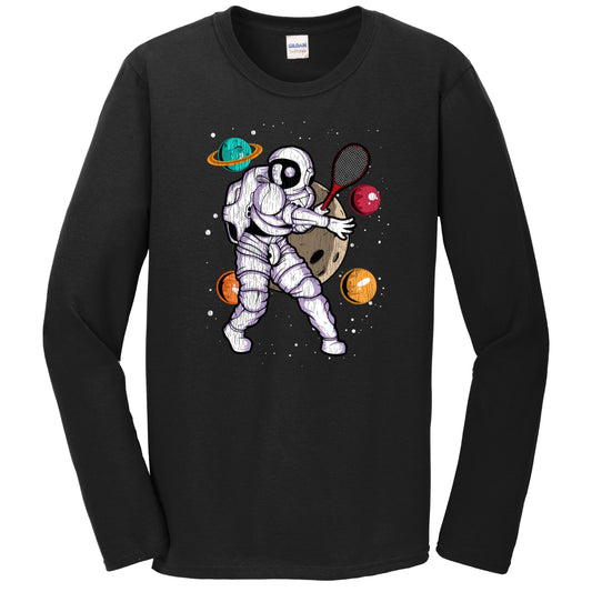 Tennis Astronaut Outer Space Spaceman Distressed Long Sleeve T-Shirt
